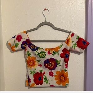 American Apparel White Floral Off-Shoulder Top with Bright Multicolor Blooms